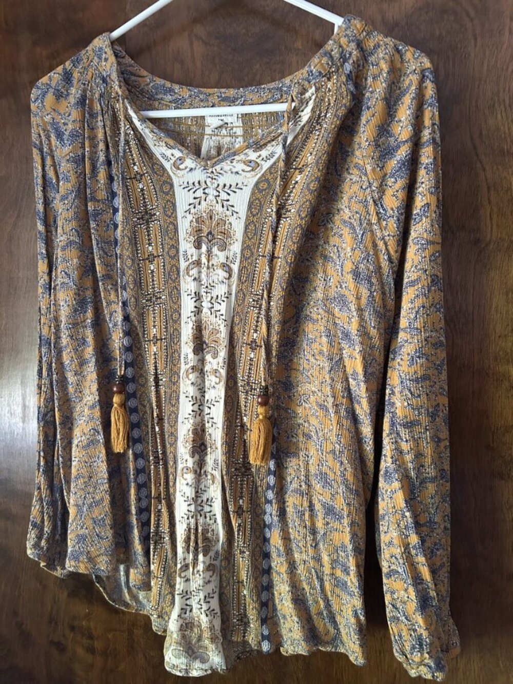 Mason & Belle Mustard & Blue Paisley Tie-Neck Top XL